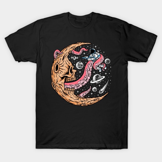 Astronaut Battling a Dead Crescent Moon with Tentacles T-Shirt by SLAG_Creative